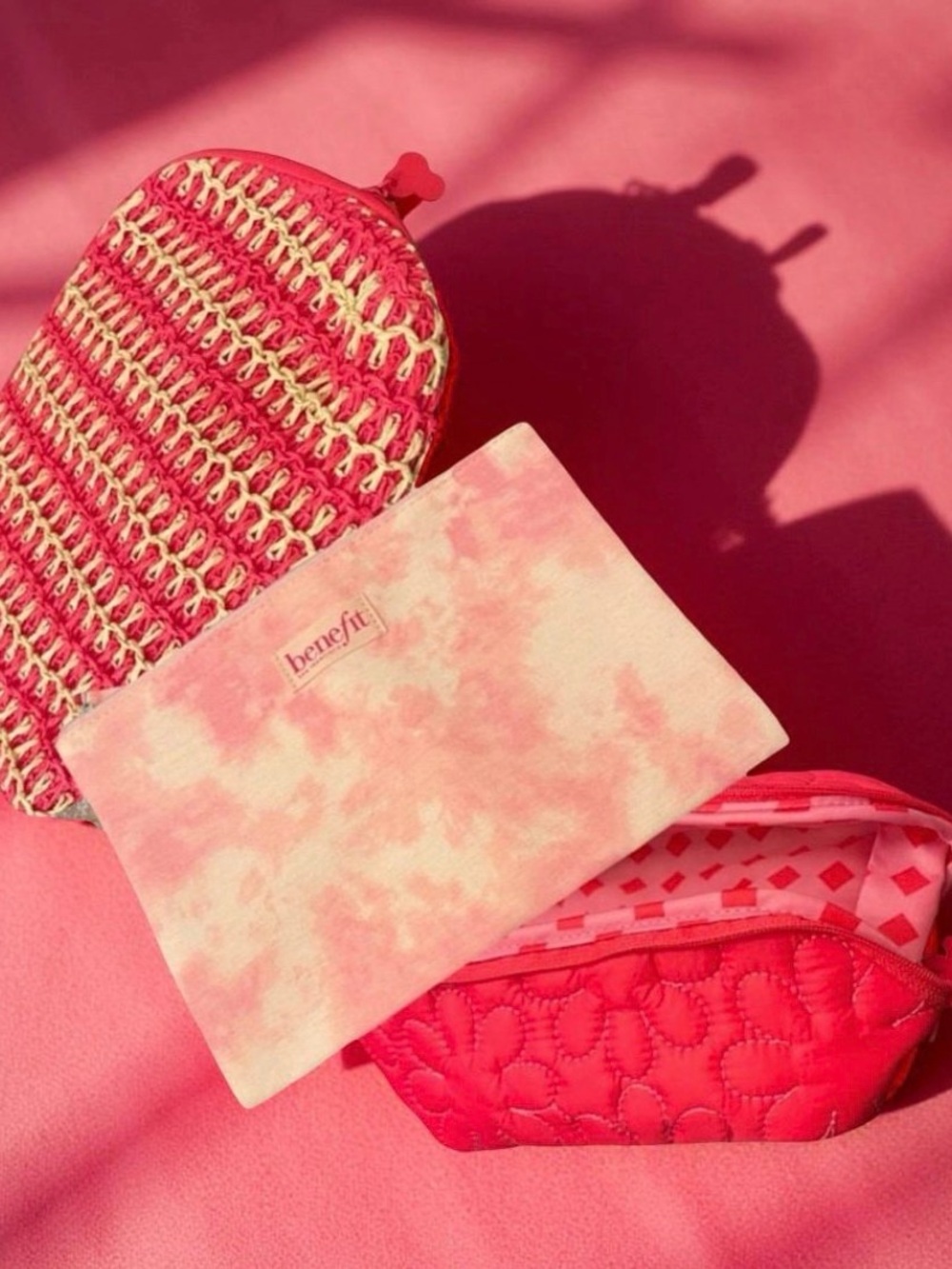 Benefit Cosmetic Pouch 3 Piece Bundle Vibrant Pink & Cream